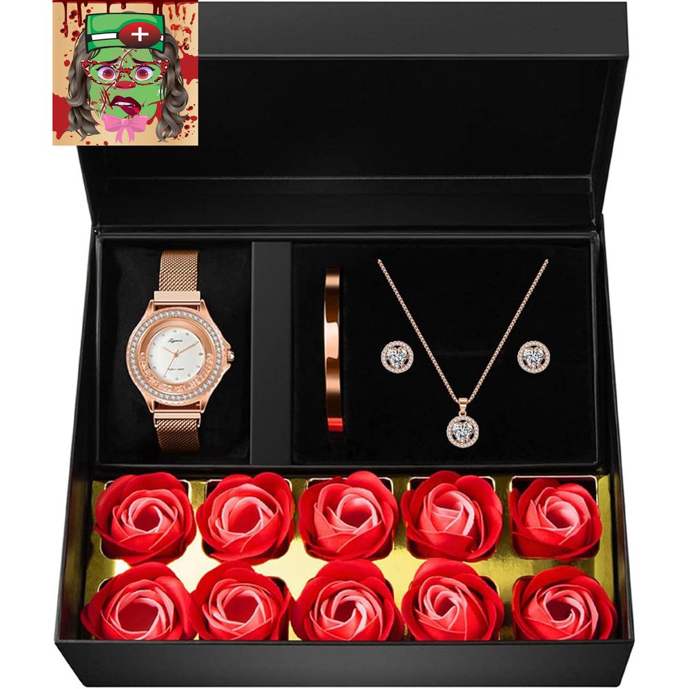 Watches Sets Gifts for Women, Rose Gold Watch Set Necklace Earring Bracelet 4 Pi